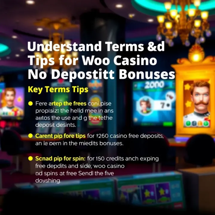 Understanding Terms and Tips for Woo Casino No Deposit Bonuses Graphic highlighting key terms and tips for maximizing free credits and spins at Woo Casino
