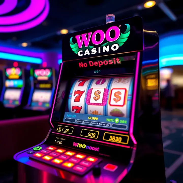 Visual Representation of Woo Casino No Deposit Bonus Illustration of a digital slot machine with glowing bonus icons highlighting a no deposit offer