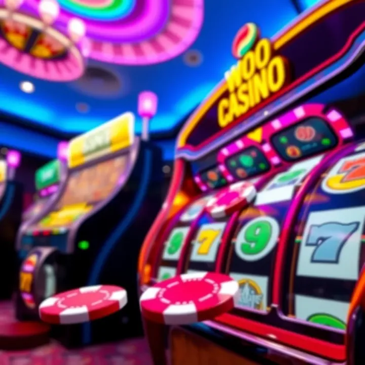 Bright casino chips and a glowing slot machine illustrating free play offers at Woo Casino