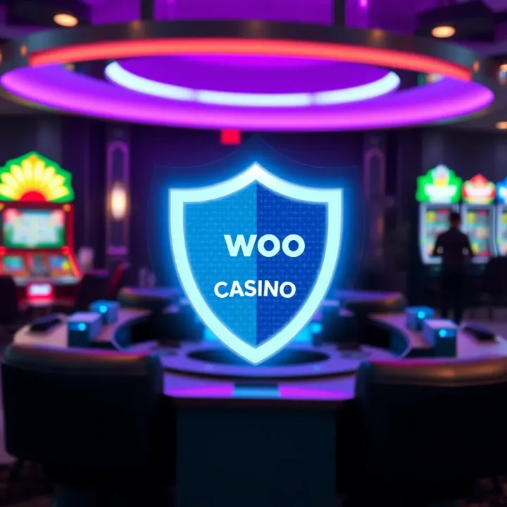 Woo Casino Licensing and Online Security Illustration of a secure online platform with a digital shield representing safety and licensing