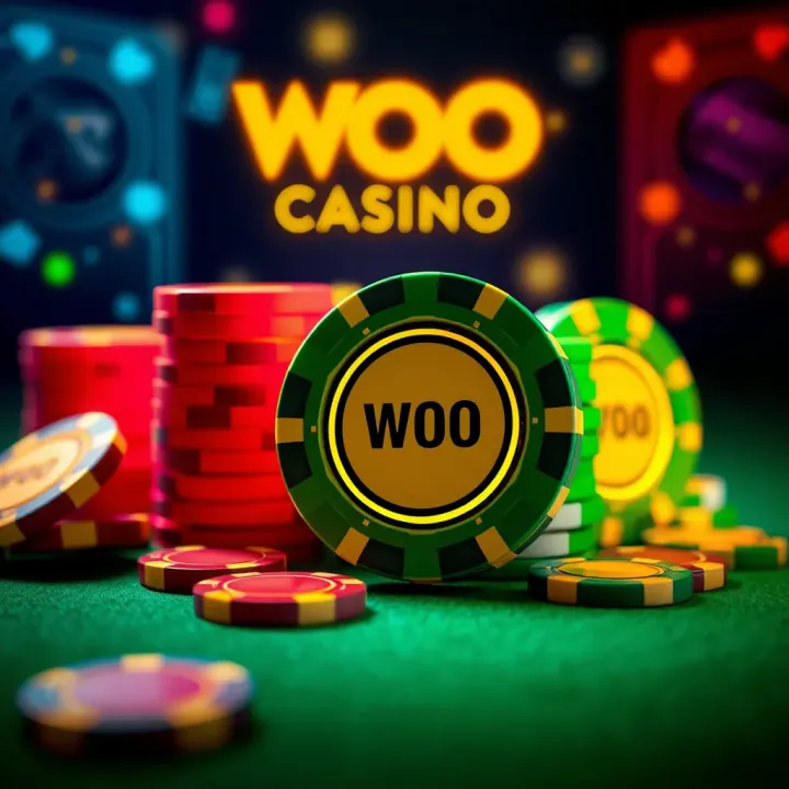 Colorful casino chips and glowing bonus tokens representing various Woo Casino promotions