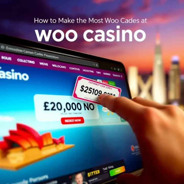 Redeeming Promo Codes for Enhanced Gaming in Australia at Woo Casino Graphic showing a digital coupon code being redeemed on a casino website with Australian landmarks in the background