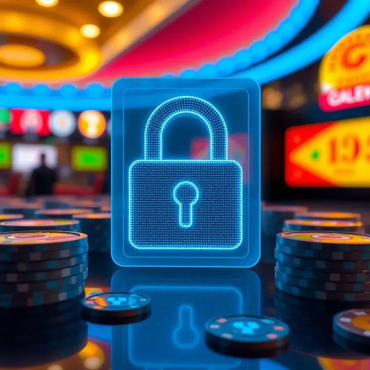 Understanding Risks and Policies with Woo Casino Promo Codes A digital lock symbol with casino tokens representing secure and fair play policies at Woo Casino