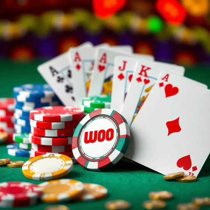 Colorful casino chips and cards representing Woo Casino promotional codes