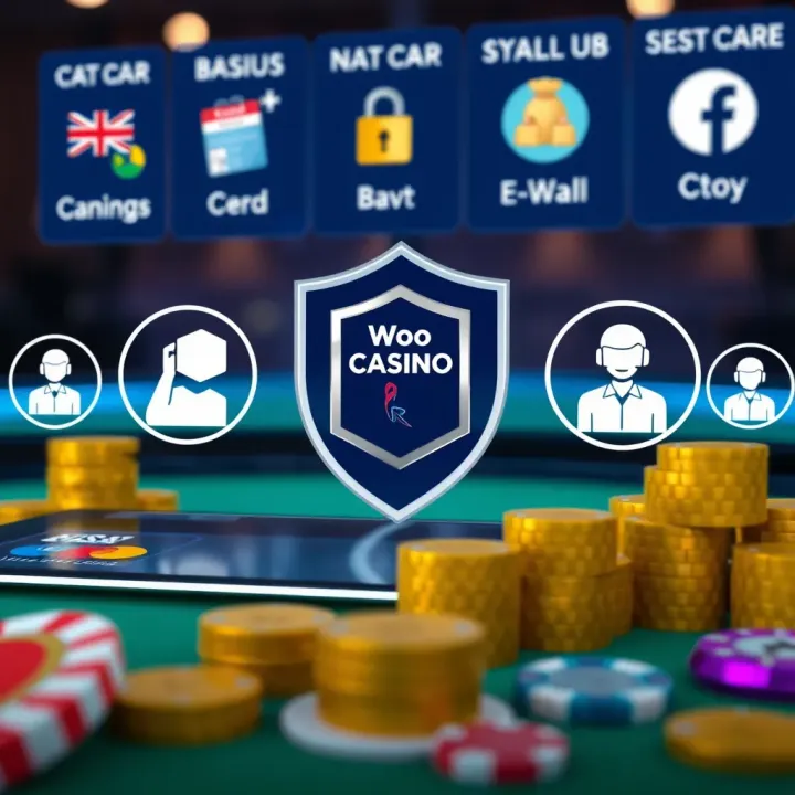 Digital representation of secure banking methods including credit cards and e-wallets alongside customer support icons