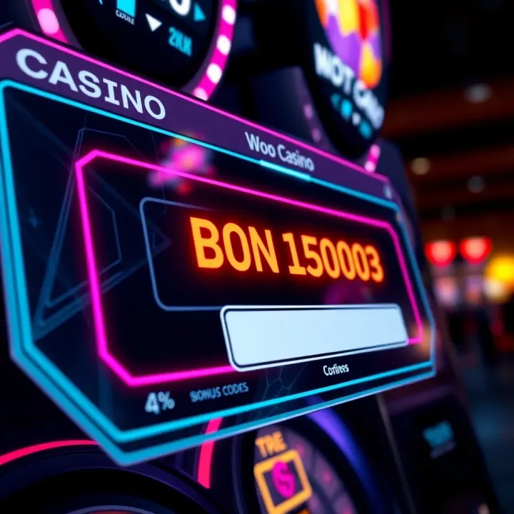 Entering Woo Casino Sign Up Bonus Codes for Rewards Digital interface displaying Woo Casino sign up bonus code input field with glowing effects