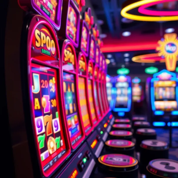 Colorful slot machine reels showing various symbols and casino lights