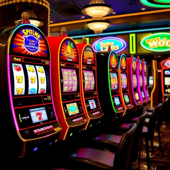 Colorful slot machine reels with symbols such as fruits, bells, and sevens in a casino setting