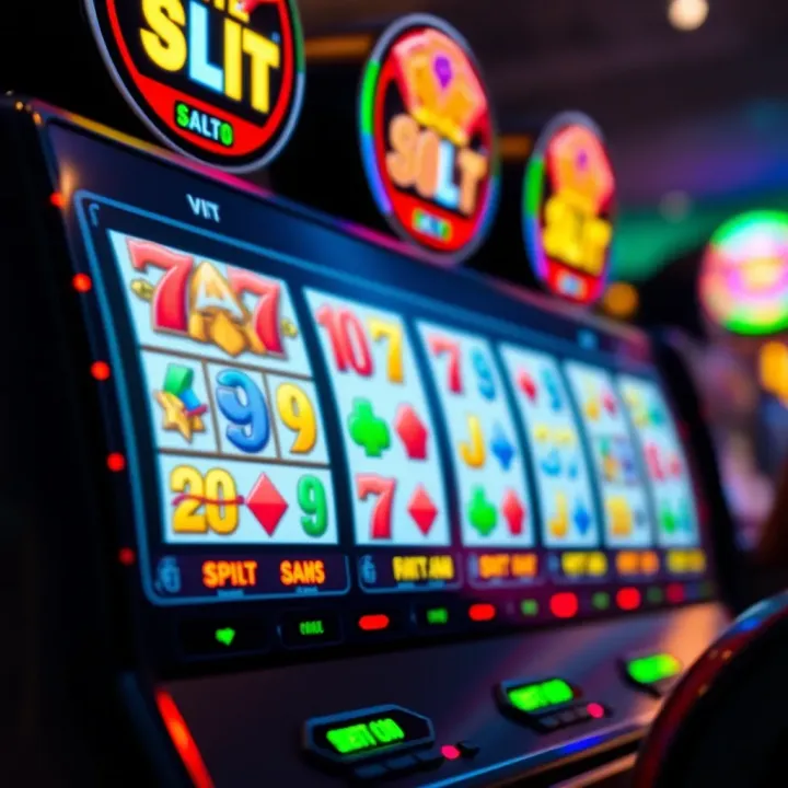 Colorful digital slot machine reels with vibrant symbols and flashing lights