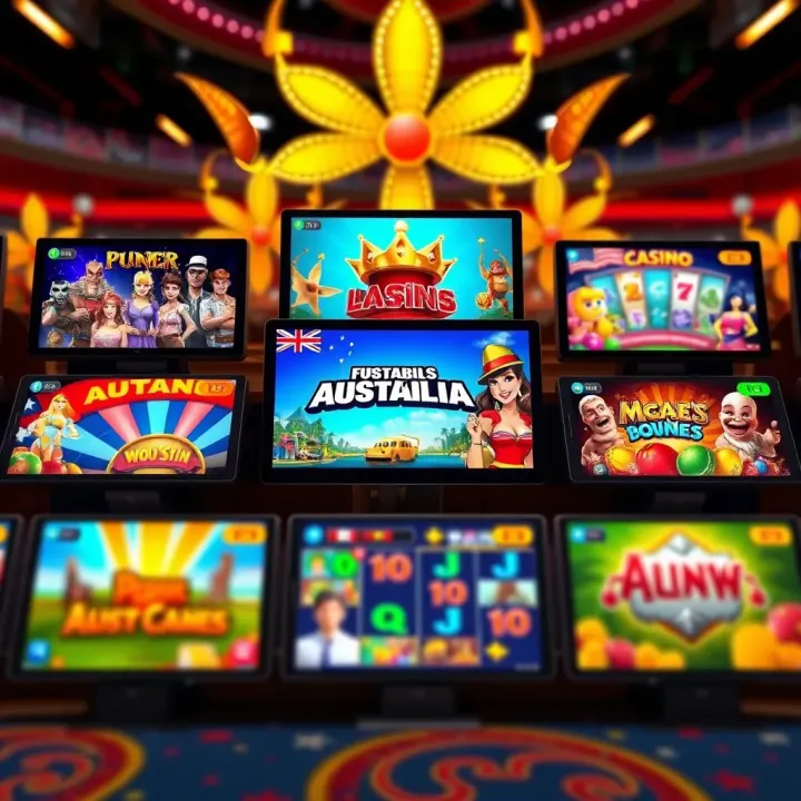Variety of casino games displayed on digital devices with vibrant Australian theme