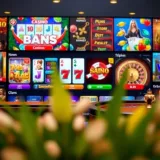 Various casino games displayed on a digital screen showing slots, poker, and roulette