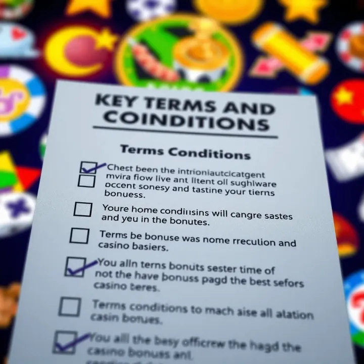 Graphic of a checklist highlighting terms and conditions for casino bonuses with a background of casino icons