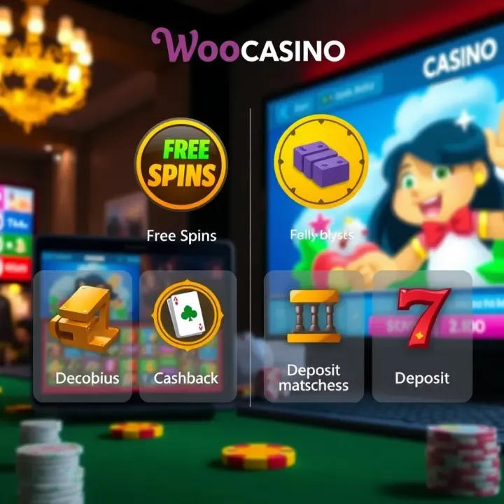 Overview of WooCasino Bonus Offers and Player Benefits Graphic showing various types of online gaming bonuses with icons representing free spins, cashback, and deposit matches