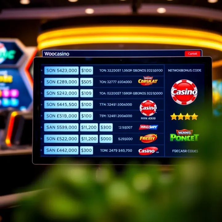 Illustration showing various online casino bonus codes displayed on a digital screen
