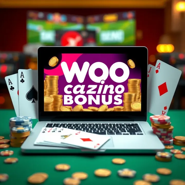 Visual Representation of WooCasino No Deposit Bonus Offer Illustration showing a casino bonus offer with coins and playing cards around a laptop screen