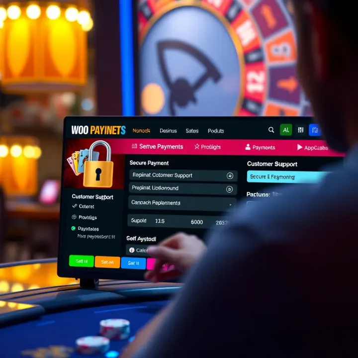 User interface of WooCasino.com displaying secure payment options and customer support chat window