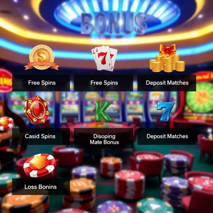 Illustration showing various types of casino bonuses such as free spins and deposit matches