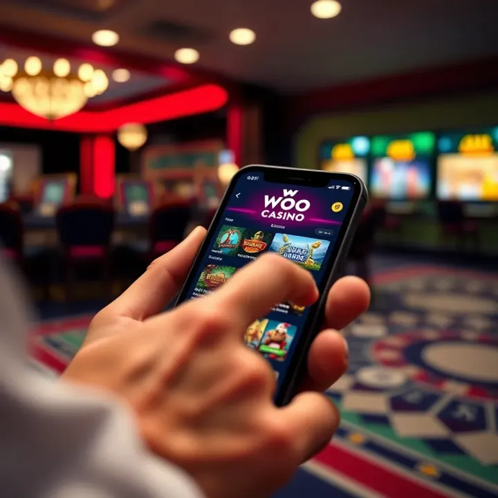 User interacting with WooCasino mobile app on a smartphone displaying game selection and navigation options